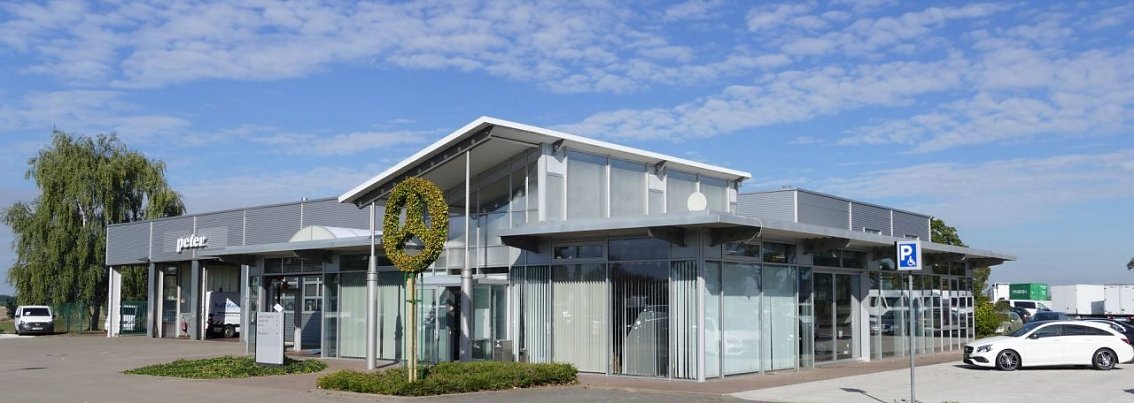 Modernes Mercedes-Autohaus mit gro&szlig;er Glasfront, davor ein Baum in Form des Mercedes-Stern-Logos gestutzt.