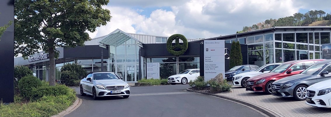 Au&szlig;enansicht des Mercedes-Benz-Autohauses der Peter-Gruppe in Heilbad Heiligenstadt, mit markantem Baum in Mercedes-Stern-Form und einer Reihe ausgestellter Fahrzeuge.