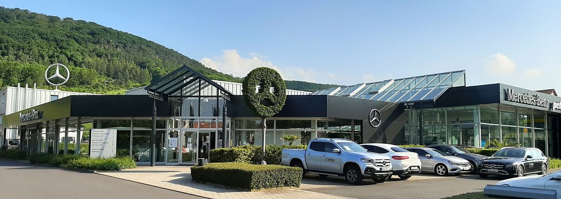 Au&szlig;enansicht eines Mercedes-Benz Autohauses in Sondershausen. Vor dem modernen Glasgeb&auml;ude mit schwarzem Vordach und Mercedes-Logo sind mehrere Fahrzeuge, darunter ein silberner Pickup und verschiedene PKW, geparkt. &Uuml;ber dem Eingang h&auml;ngt ein Mercedes-Stern aus gr&uuml;nem Buschwerk. Im Hintergrund ist ein bewaldeter H&uuml;gel zu sehen.