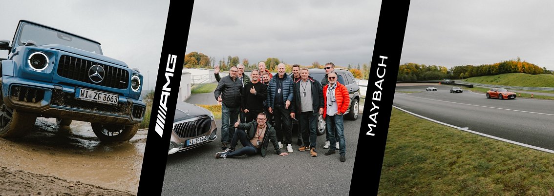 Ein zusammengesetztes Bild zeigt drei Szenen der Mercedes-Benz Driving Experience am Bilster Berg: links ein blauer Mercedes-Benz G-Klasse im Gel&auml;nde mit matschigen Reifen, in der Mitte eine Gruppe von Teilnehmern, die vor zwei Fahrzeugen l&auml;chelt, und rechts mehrere Sportwagen auf der Rennstrecke. Zwischen den Bildern sind schwarze Streifen mit den Schriftz&uuml;gen 'AMG' und 'Maybach' zu sehen