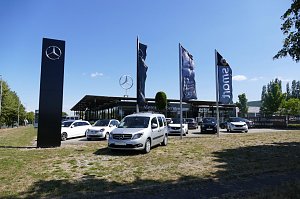 Mercedes-Benz Autohaus in Northeim mit großen Glasfronten, mehreren ausgestellten Fahrzeugen vorne, darunter weiße Transporter und Smart-Modelle. Im Vordergrund hohe Mercedes-Flaggen und ein schwarzer Mercedes-Stern-Pylon. Dahinter der große Mercedes-Stern auf dem Dach und eine grüne Heckenskulptur in Sternform. Blauer Himmel, sonniges Wetter.
