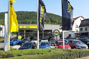 Außenansicht des Opel-Autohauses in Sondershausen. Vor dem modernen Glasgebäude wehen gelbe und schwarze Opel-Flaggen. Auf dem Parkplatz davor stehen zahlreiche Neu- und Gebrauchtwagen in verschiedenen Farben. Im Hintergrund ist ein grüner, bewaldeter Hügel zu sehen, der einen malerischen Kontrast zum Autohaus bildet.