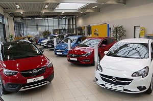 Innenansicht des Opel-Autohauses mit mehreren ausgestellten Fahrzeugen. Im Vordergrund ein roter und ein weißer Opel, dahinter weitere Modelle in verschiedenen Farben. Die Autos stehen in einem hellen, modernen Showroom mit großen Fenstern, Pflanzen und gelben Opel-Designelementen. Der Boden ist gefliest.