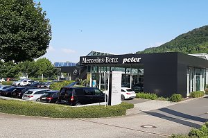 Außenansicht des Mercedes-Benz Autohauses Peter in Sondershausen. Das moderne Gebäude mit schwarzer Fassade trägt die Aufschrift 'Mercedes-Benz' und 'Peter'. Davor sind viele Autos auf dem Parkplatz geparkt, unter anderem ein schwarzer Van. Im Hintergrund sieht man grüne Bäume und einen bewaldeten Hügel unter blauem Himmel.