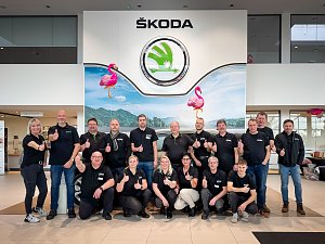 Gruppenfoto von 17 Mitarbeitenden im �koda Autohaus. Alle tragen schwarze Shirts mit Firmenlogo und zeigen den Daumen nach oben. Im Hintergrund das große �koda-Logo mit Flamingo-Dekoration.