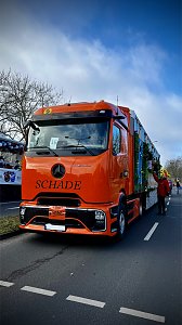 Vorderansicht eines orangefarbenen LKWs mit Aufschrift �SCHADE�, der den bunt gestalteten Karnevalswagen zieht.