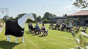 Pressekonferenz zum Reitturnier Immenrode 2025 auf dem Rasenplatz bei sonnigem Wetter. Teilnehmer sitzen auf Stühlen in lockerer Runde, während im Vordergrund eine weiße Pferdefigur mit schwarzer Autohaus-Peter-Abschwitzdecke steht. Im Hintergrund sind Stallgebäude und ein Zeltbereich sichtbar.