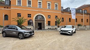 Zwei Mercedes-Benz SUVs, ein graues und ein wei&szlig;es Modell, parken vor einem historischen Geb&auml;ude mit orangefarbener Fassade. Vor dem Eingang stehen Palmen in gro&szlig;en Pflanzk&uuml;beln und ein Werbef&auml;hnchen von Autohaus Peter.