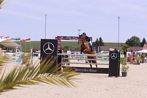 Ein Reiter springt mit einem braunen Pferd über ein Mercedes-Benz-Hindernis auf dem Sandplatz beim Reitturnier in Immenrode. Im Vordergrund sind Palmwedel, im Hintergrund der Begrüßungsbogen, Zuschauer und wehende Fahnen zu sehen.